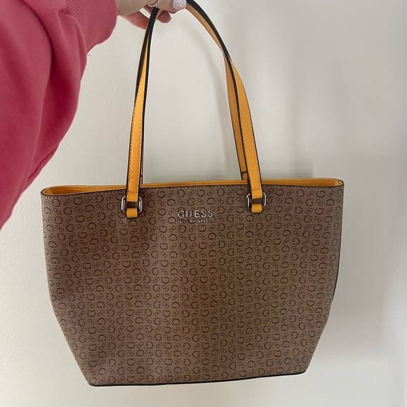 Guess Women's Signature Tote Shoulder Bag- Brown Golden Yellow - Picture 1 of 5